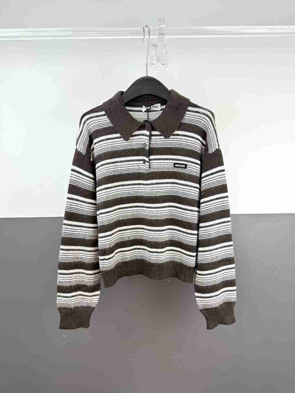 Miu Miu Brown & White Striped Polo Knit Sweater